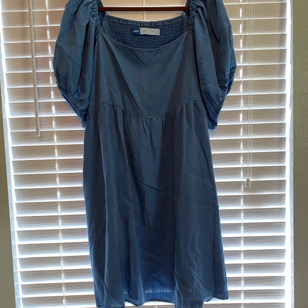 Old Navy Puff Sleeve Chambray Mini Babydoll Swing Dress